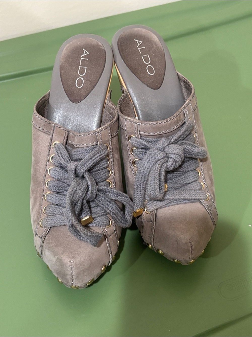 ALDO Gray Suede Lace-Up Clog Mules with Gold Accents